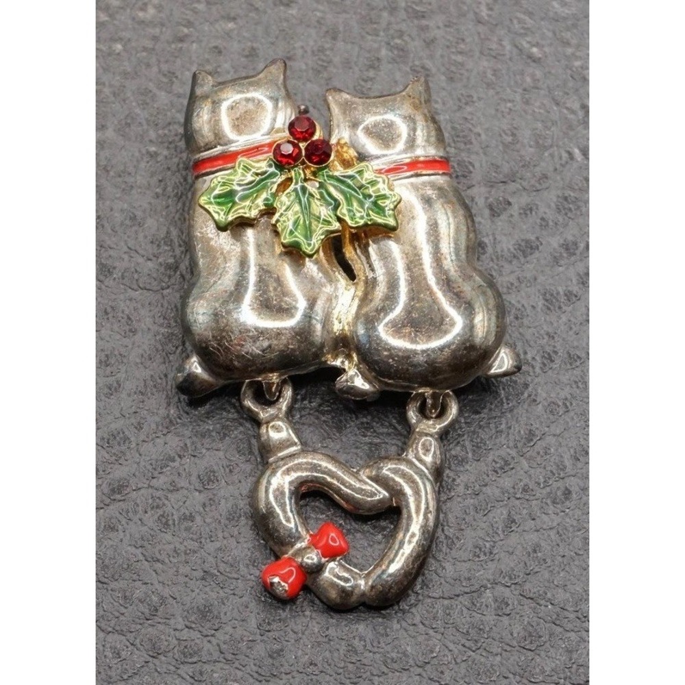 Vintage Cat Brooch Holly Christmas Holiday Pin Rhinestone Enamel Silver Tone